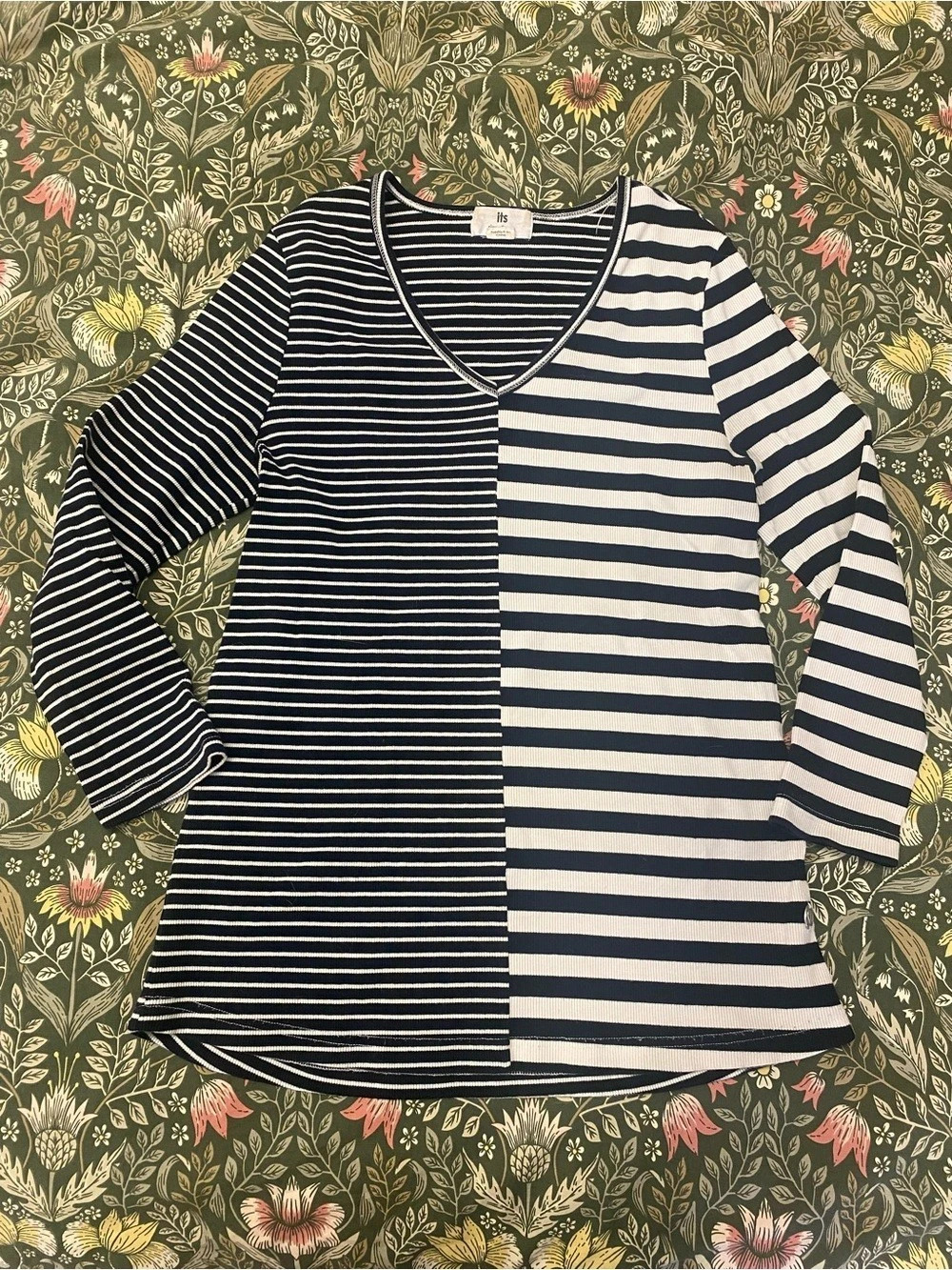 3/4 Sleeve Striped Top in Black & White Cotton